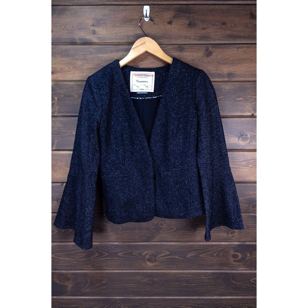 Anthropologie Cartonnier Navy Pinstripe Bell Sleeve Blazer Size 2 Small Wool